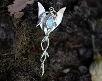 Ready to ship - Elvish Nature Inspired Sterling Silver Pendant with Rainbow Moonstone