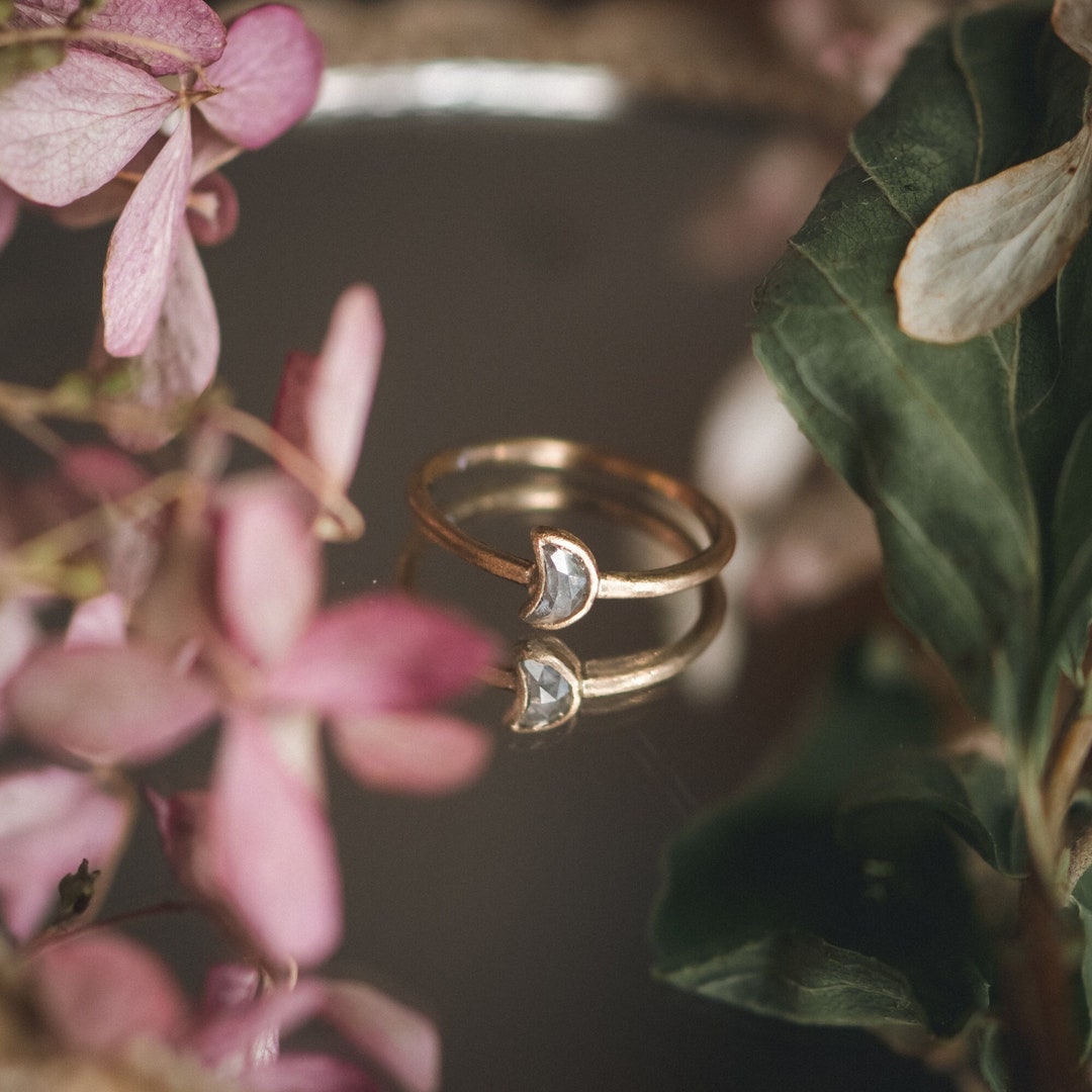 Crescent Moon Solitaire Diamond Ring Matte Satin Surface Ring