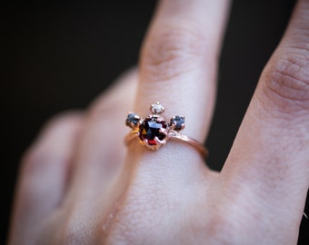 Persephone Ring in 14K Rose Gold with Rose Cut Garnet and Uncut Raw Diamonds, Hidden Skull, Twig Texture