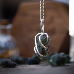 Moldavite Pendant, Green Tektite and Sterling Silver, Caged Gemstone Necklace