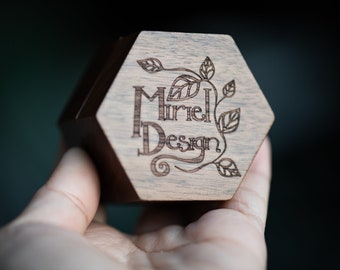 Walnut Ring Box, Engraved Leaf Logo on a Hexagon Box with Magnetic Closing, and Gold Velvet Interior, Single or Double Slot