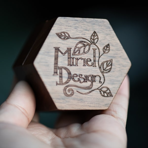 Walnut Ring Box, Engraved Leaf Logo on a Hexagon Box with Magnetic Closing, and Gold Velvet Interior, Single or Double Slot