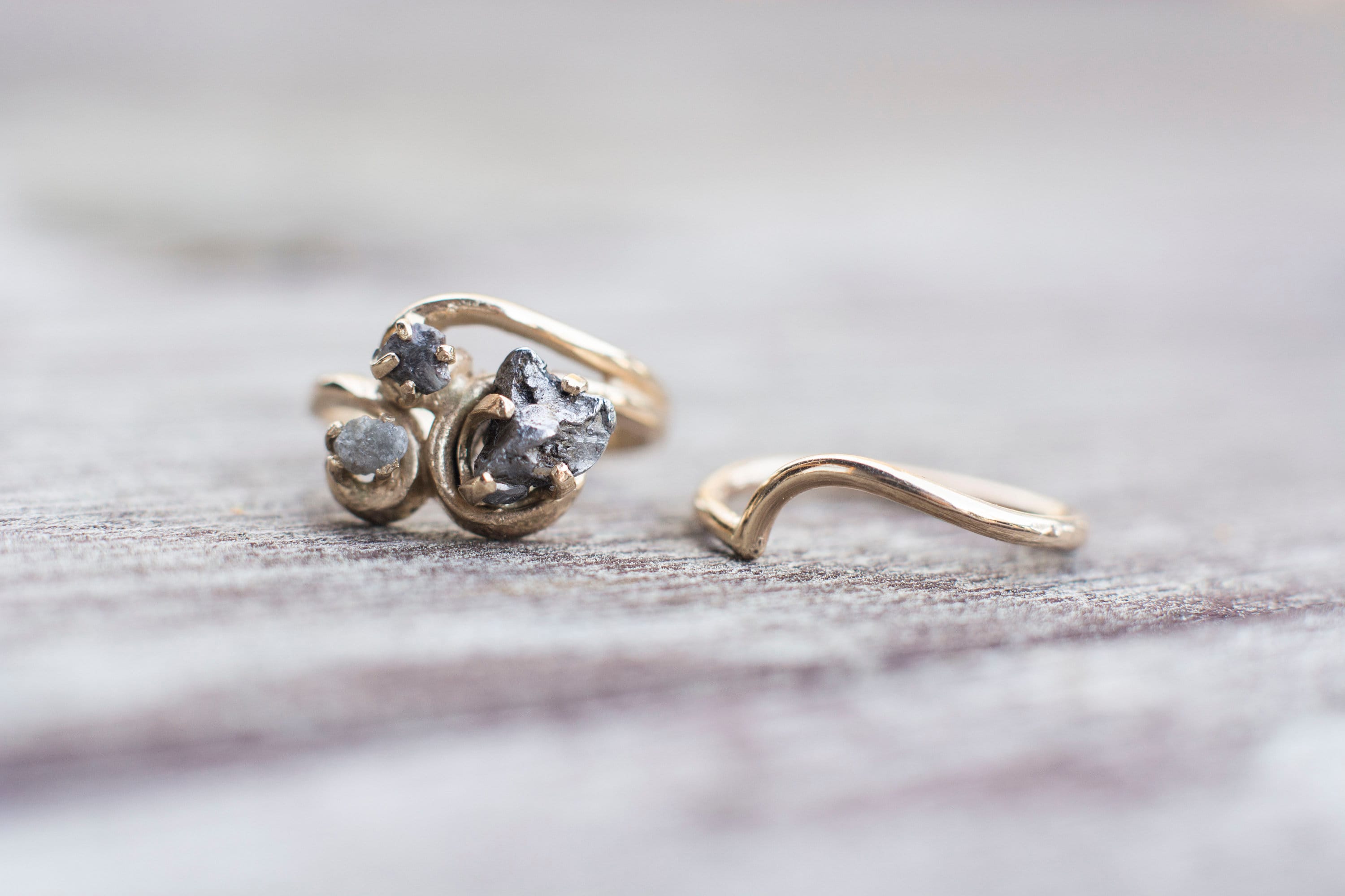 Meteorite Wedding Ring Set, Moissanite Twist Engagement Ring