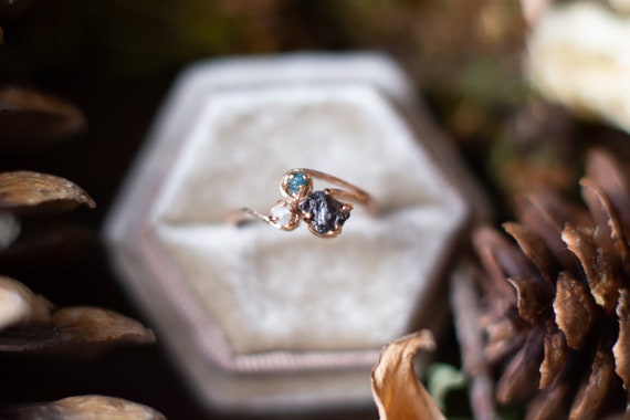 Meteorite and Rough Uncut Natural Diamond Ring With 14k