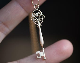 Miniature Fairy Filigree Skeleton Key Charm Pendant 14k Yellow Gold