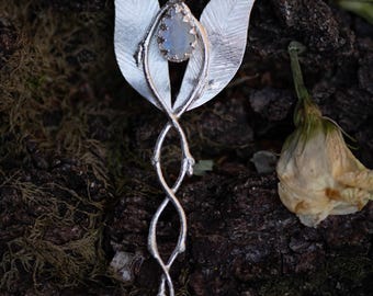 Ready to ship - Elvish Nature Inspired Sterling Silver Pendant with Rainbow Moonstone