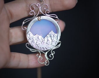 Bear Pendant with Opalite ~ 925 Sterling Silver Swirly Pendant Opalescent Forest Mountains Nature Doublesided Necklace