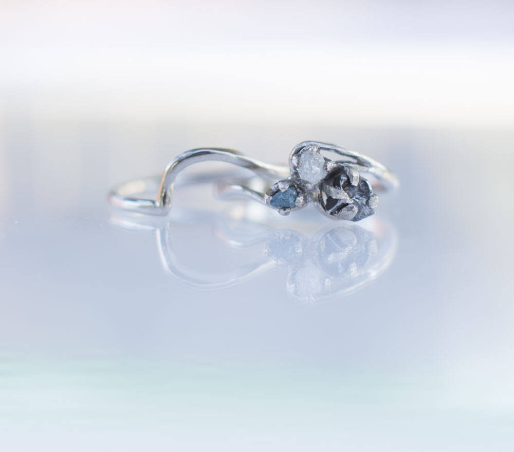 Meteorite and Rough Uncut Natural Diamond Ring With 14k