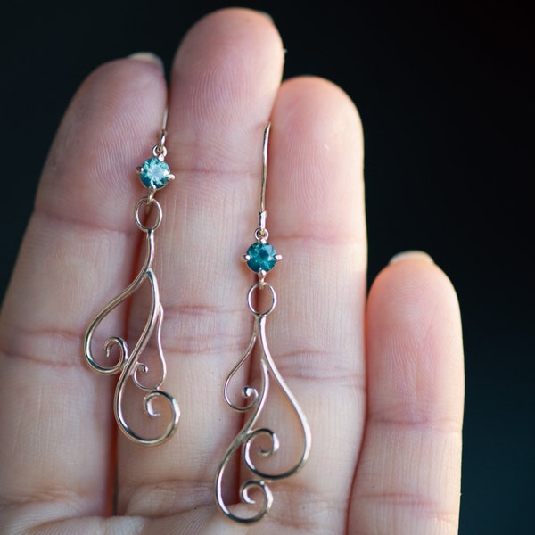 Swirly 14k Gold Earrings with Opalescent Teal Sapphires - Dangling Earrings