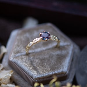 Custom Elvish Twig Branch Bark Ring Wit Leaves and Side Stones Alexandrite Morganite Moissanite Engagement 14k White Rose Yellow Gold
