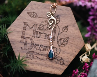 Self Love Potion - Potion Bottle Necklace Pendant in 14k Rose Gold with Rose Cut Australian Blue Sapphire, and Diamond, Portrait Cut Pear