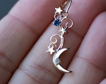 Starry Night Pendant in Solid 14k Gold with Sapphires - Swirly FIligree Moon Stars