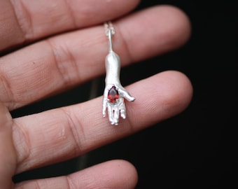 Blood In My Hand - Sterling Silver Pendant with Garnet - Hand Sculpted - Spoonie Chronic Illness Warrior
