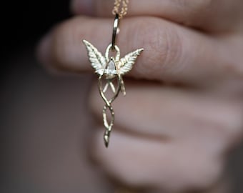 Twig and Leaves Elvish Pendant with Geometric Pear Champagne Diamond - Nature Inspired Leaf Design