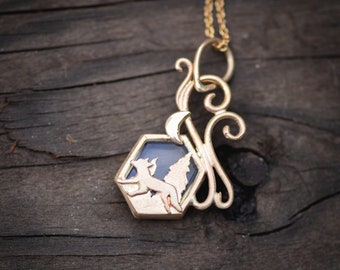 Fox Running in the Forest - Fairytale Pendant Necklace - Opalite 14K Yellow and Palladium White Gold