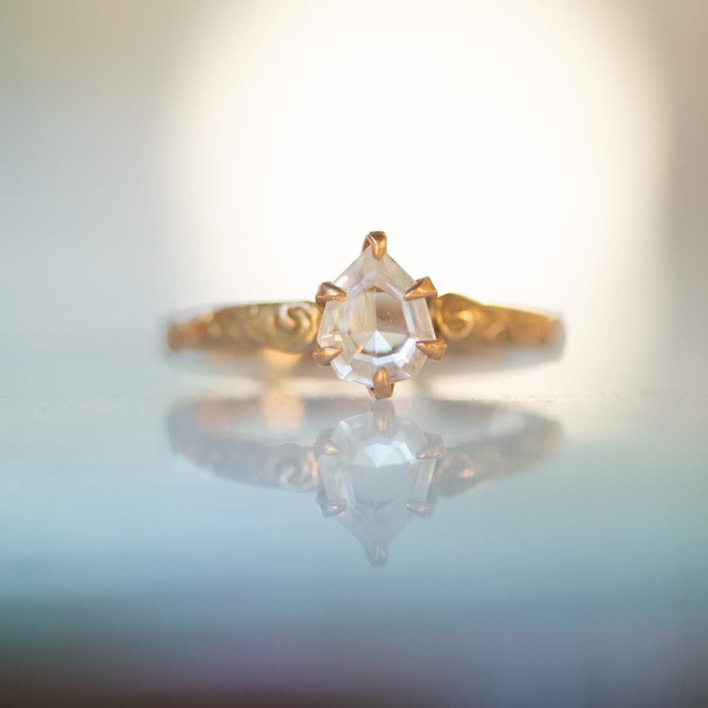 Scrollwork Ring Relief Scrollwork Ring in 14k Yellow Gold With Portrait Cut Sapphire ...