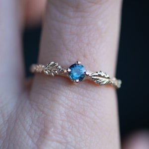Custom Blue Sapphire White Yellow Rose Gold Ring with Bark Texture and Leaves - 14k Gold Elvish Engagement Ring