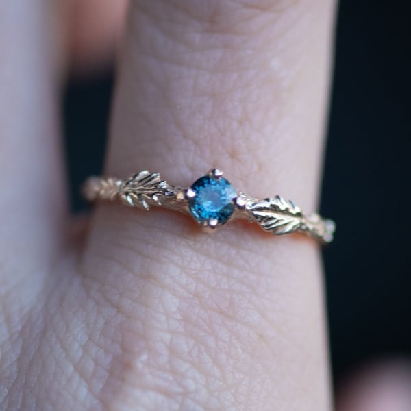 Custom Blue Sapphire White Yellow Rose Gold Ring with Bark Texture and Leaves - 14k Gold Elvish Engagement Ring