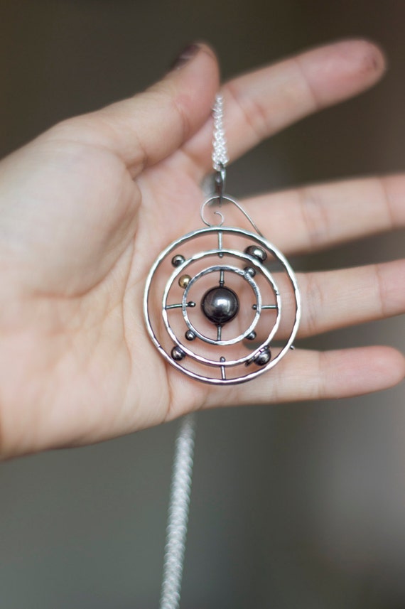 Solar System Necklace Pendant With 14K Gold Earth Spinning Solar System 925 Sterling Silver Geeky Jewlery Kinetic Necklace Orrery Etsy