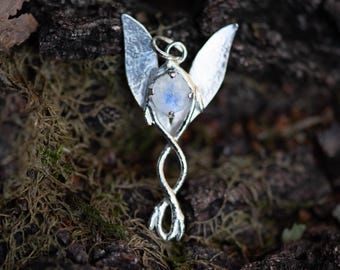 Ready to ship - Elvish Nature Inspired Sterling Silver Pendant with Rainbow Moonstone
