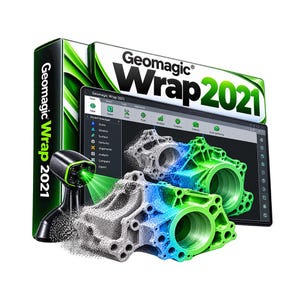 Peut inclure: Boîte de logiciel Geomagic Wrap 2021 et écran affichant une numérisation 3D d'une pièce mécanique. L'interface présente un gestionnaire de modèles et un scanner laser vert projetant sur un maillage numérique devenant une surface verte solide.