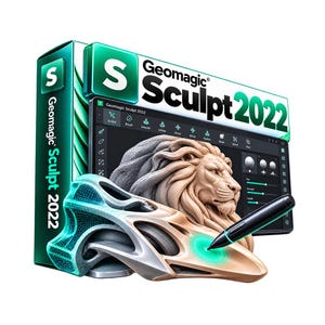 Puede incluir: Caja de software Geomagic Sculpt 2022 e interfaz digital que muestra una escultura de león en 3D y una forma geométrica compleja. Un lápiz digital negro se coloca sobre la forma, que presenta un punto de interacción circular verde brillante.