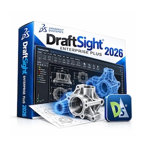 Könnte beinhalten: Eine blau-weiße Schachtel für die Software DraftSight Enterprise Plus 2026. Die Verpackung zeigt einen Computerbildschirm mit einer mechanischen 3D-Konstruktion, ein metallisches Motorenbauteil und ein blaues quadratisches Symbol mit den Buchstaben DS.