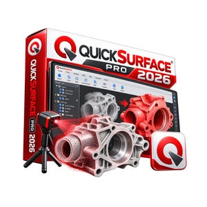 Può includere: Una confezione software QuickSurface Pro 2026 con una schermata di dati di scansione 3D, un piccolo scanner laser nero su treppiede e un componente meccanico metallico con una nuvola di punti rossa e un modello 3D rosso solido.