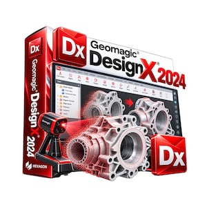Puede incluir: Una caja de software Geomagic Design X 2024 con un logotipo rojo y blanco, un monitor de computadora que muestra una interfaz de modelado 3D, un escáner 3D rojo y negro, y una pieza mecánica metálica con una superposición de malla digital.