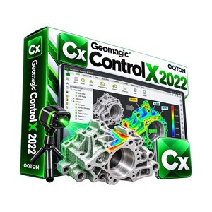 May include: Geomagic Control X 2022 software box with a black and green 3D scanner on a tripod, a computer monitor displaying a complex mechanical part analysis with heat map data, and a square green icon featuring the white letters Cx.
