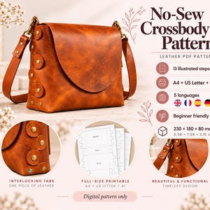 Peut inclure: Un patron numérique pour un sac bandoulière sans couture de couleur marron. L'image montre le sac fini avec des détails en laiton, des languettes imbriquées et des modèles imprimables aux formats A4, US Letter et A1, mesurant 230 x 180 x 80 mm.