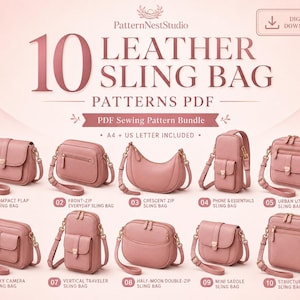 May include: A digital download bundle of 10 leather sling bag sewing patterns by PatternNestStudio. The image displays 10 distinct dusty rose sling bag designs, each labeled with a number and name, including flap, zip, crescent, and utility styles.
