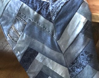 Recycled Denim Quilt, Chevron Herringbone Pattern, Custom Flannel Back