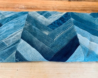 Recycled Denim Queen Size Blanket, Handmade Flannel Back Quilt