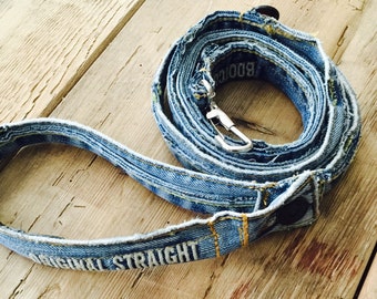 Denim Dog Leash. 1 1/2” wide with several clips to shorten. 6’ long