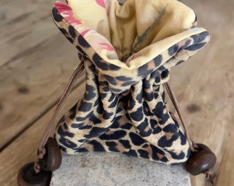 Handmade Leopard Suede Jewelry Pouch, Floral Lined