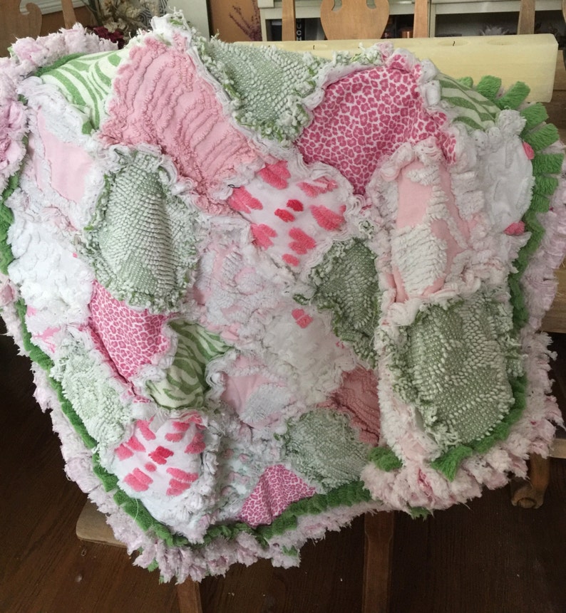 Ragged Vintage Chenille Pink Green and White Baby Blanket Etsy