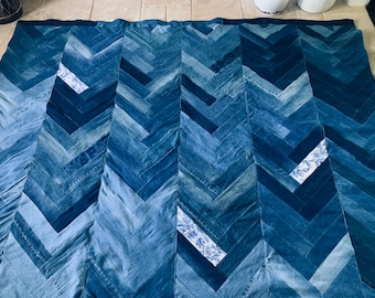 Denim Blanket, Recycled Denim Quilt, Distressed Denim Blanket, Distressed Denim, Queen Size Denim Quilt, Denim Chevron, Denim Herringbone