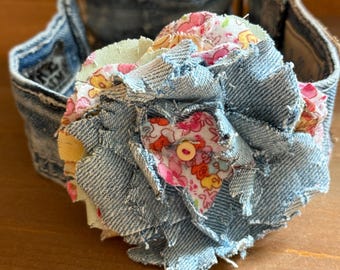 Upcycled Denim Martingale Dog Collar with Fabric Flower