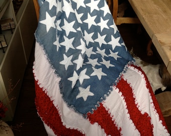 American Flag Ragged Quilt: Recycled Blue Jean & Cotton, Handmade