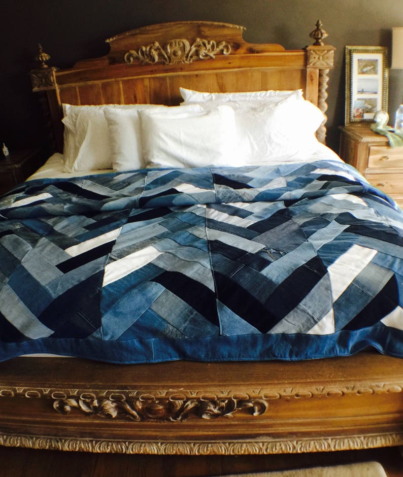 Denim Blanket Denim Quilt Recycled Denim Comforter Chevron Etsy Canada