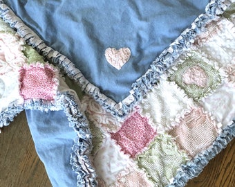 Baby Blanket,DenimBaby Blanket,VintageChenille,RecycledDenim, Pink Baby Blanket, Green Baby Blanket, White Baby Blanket, Ragged Baby Blanket