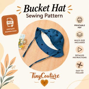 Puede incluir: Un sombrero de pescador azul con patrón de corazones oscuros y lazos. El texto dice Bucket Hat Sewing Pattern, Instant Download, Printable PDF, Multi-Size Included, Detailed Instructions, Easy to Follow y TinyCouture con un icono de corazón.