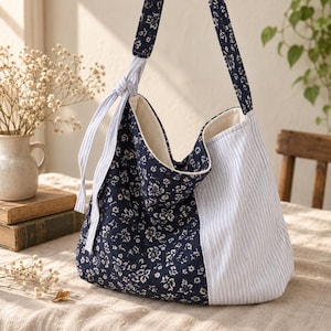 Handmade Floral Patchwork Tote Bag, Navy Blue Shoulder Bag, Cotton Fabric Hobo Purse, Cottagecore Gift, Vintage Style Everyday Bag