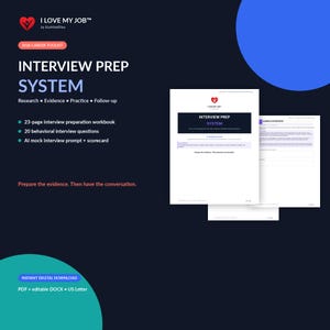 Puede incluir: Un kit de herramientas profesional 2026 titulado Interview Prep System, que incluye un libro de trabajo de 23 páginas, 20 preguntas de entrevista conductual y una guía de entrevista simulada por IA con tarjeta de puntuación en formato digital.