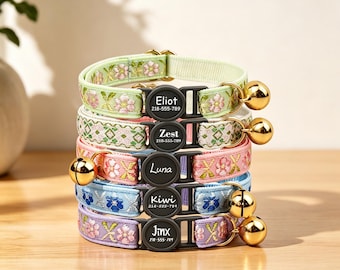 Personalized Floral Breakaway Cat Collar with Engraved Id, Quick-Release Buckle and Bell, Jacquard Webbing Collars