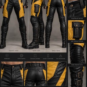 May include: Black and yellow leather pants featuring a multi-panel design, side cargo pockets, ribbed knee protection, and lower leg straps with buckles. The pants include detailed views of the waistband, pockets, knees, and thigh panels.