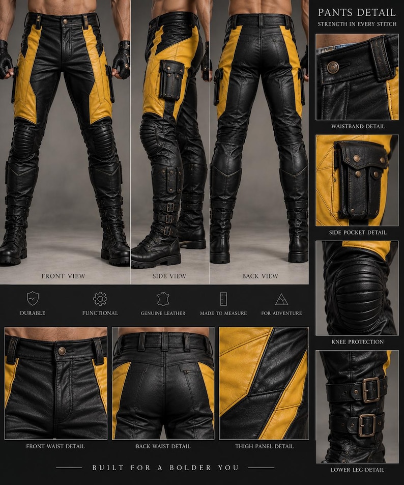 May include: Black and yellow leather pants featuring a multi-panel design, side cargo pockets, ribbed knee protection, and lower leg straps with buckles. The pants include detailed views of the waistband, pockets, knees, and thigh panels.
