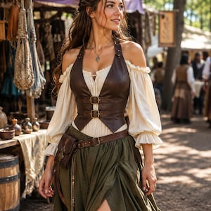 May include: A dark brown leather vest with two brass buckles worn over a cream-colored off-the-shoulder blouse with long sleeves. An olive green skirt is paired with a brown leather belt featuring an attached small pouch and a silver necklace.