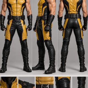 May include: A sleeveless yellow and black jumpsuit featuring a front zipper, a high collar, and a utility belt. The outfit includes matching black gauntlets and tall boots with buckle straps. Detailed panels show the collar, shoulder, belt, knee, and boot.